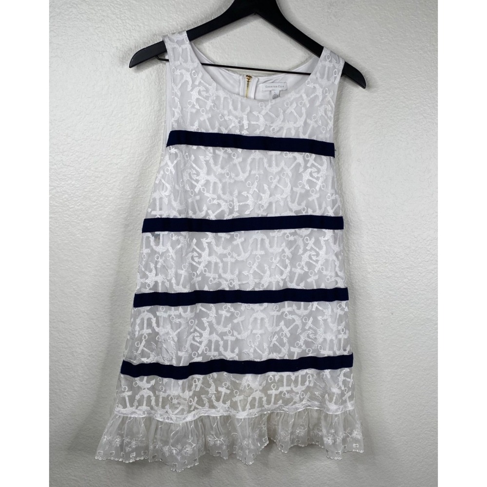 Charter Club Dress Women's White Sz L Sleeveless Anchors Coastal Nautical Preppy